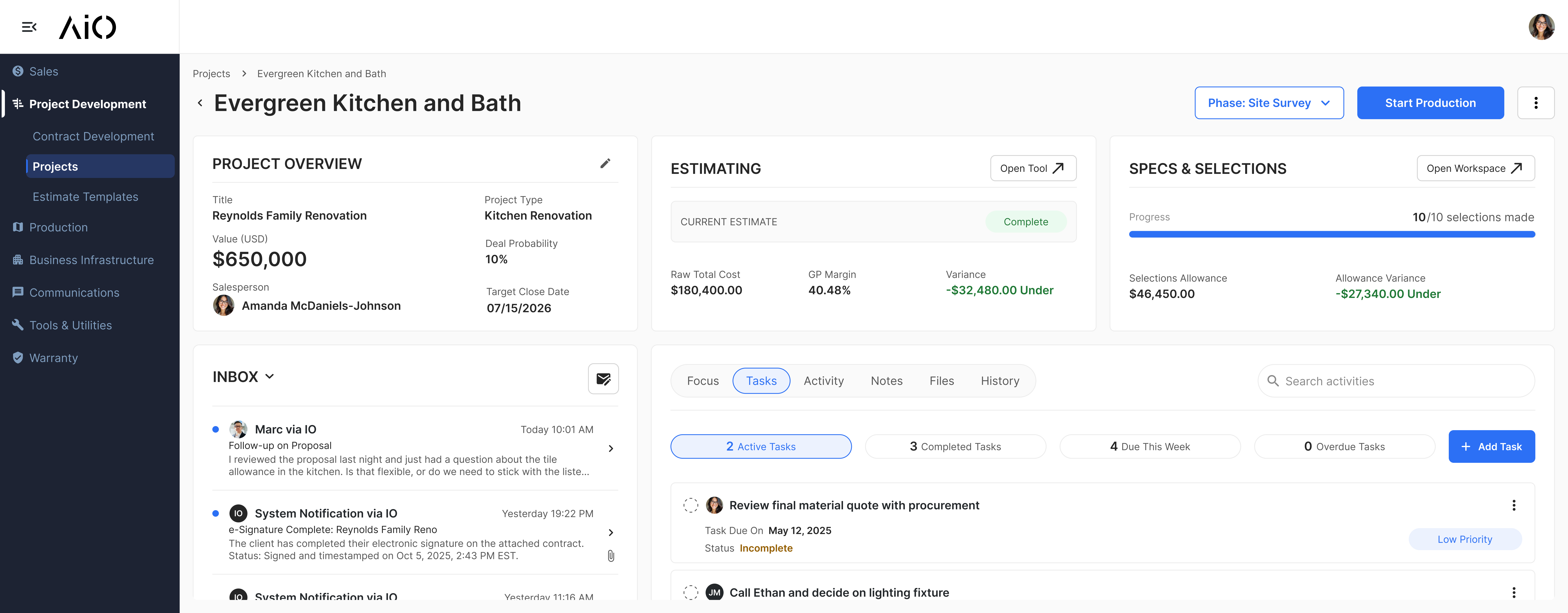 AIO Platform — Project Detail View (Evergreen Kitchen and Bath)