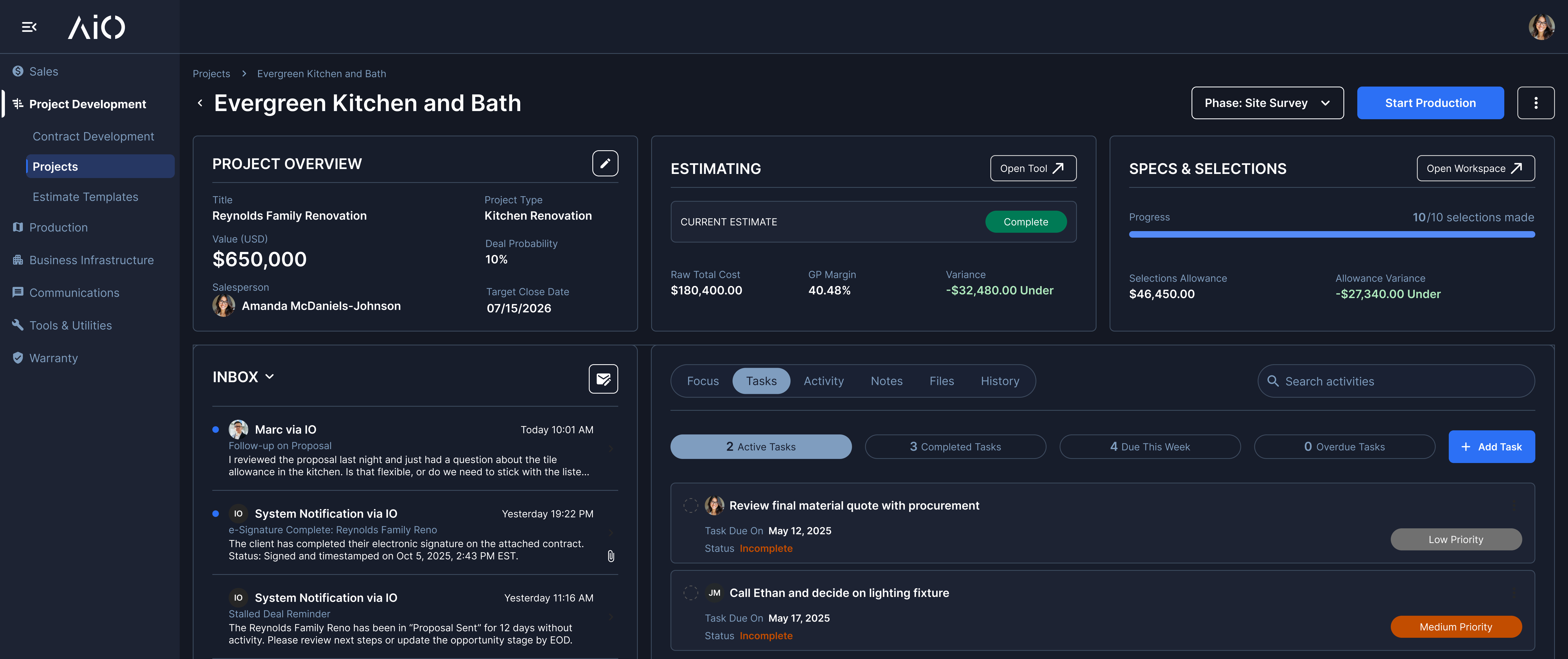AIO Platform — Project Detail View (Evergreen Kitchen and Bath)